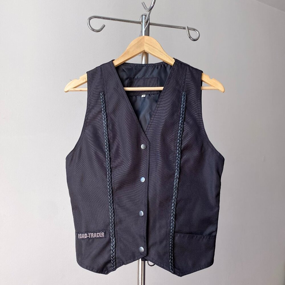 🍂 Vintage Black Ripstop & Leather Moto Vest – Road Tracer XS